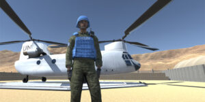 A screencap from what looks like a video game, featuring a character dressed in a blue UN peacekeeper uniform, standing in front of a large, white UN helicopter that appears to have landed on a base in a desert somewhere.